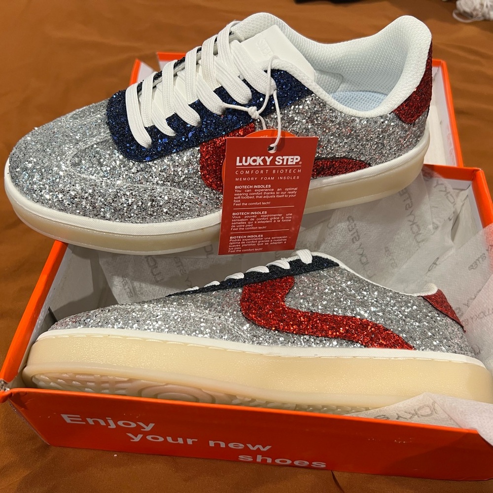Lucky Step Women's Glitter Sneakers - Silver, Red, and Blue